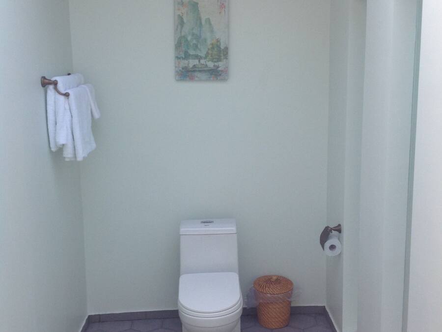 Um banheiro pequeno com vaso sanitário, um porta-toalhas suspenso, piso com padrão hexagonal, um cesto pequeno e um quadro na parede.