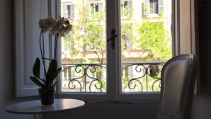 Una habitación con ventana, una planta en maceta y una silla.