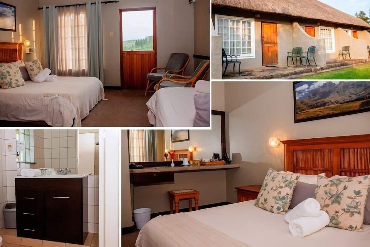 A hotel room with a large bed, a sitting area with chairs, a bathroom with a sink and mirror, and a view of the outdoors.