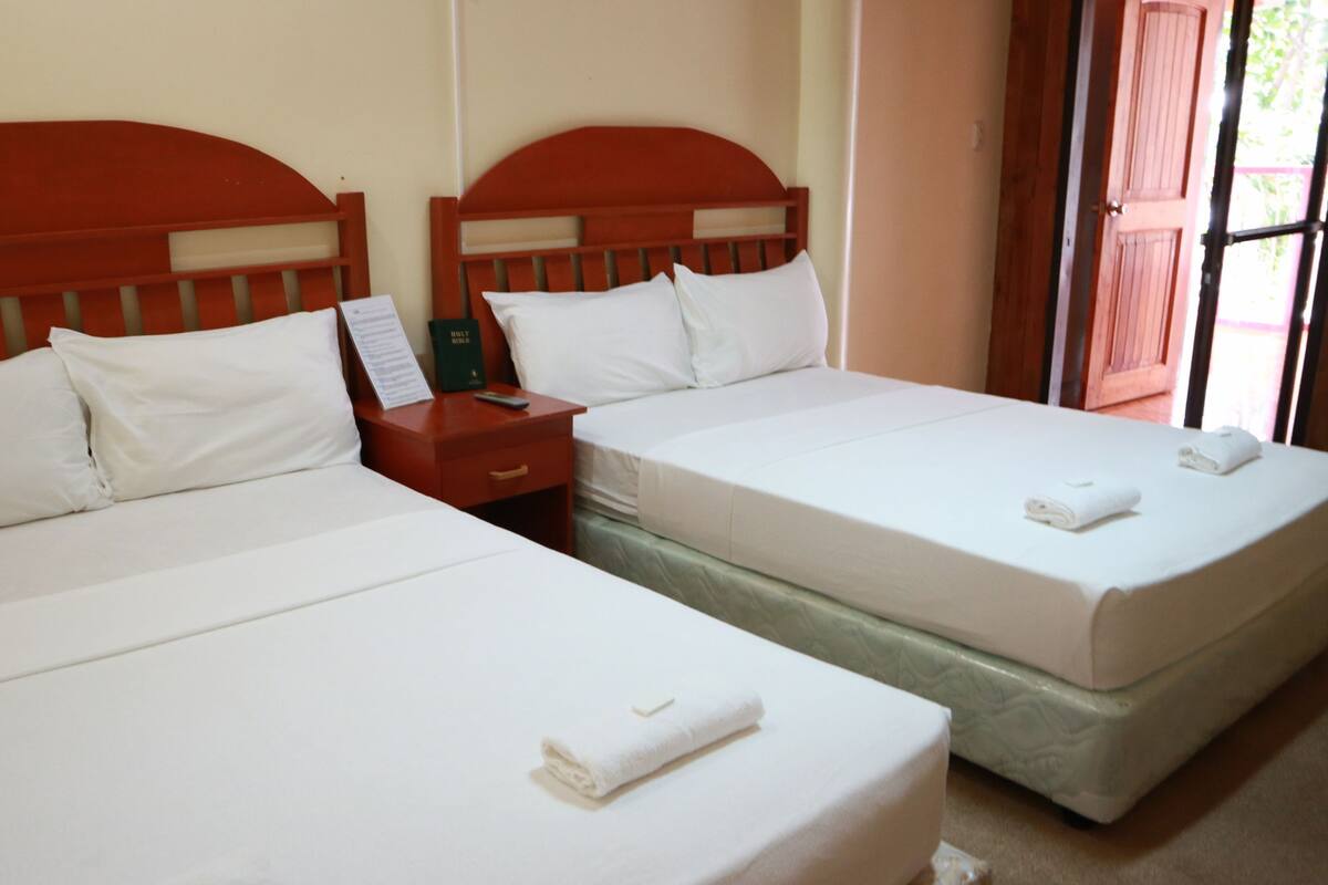 Two single beds with wooden headboards, a nightstand with a phone and a book, and a window with a view.