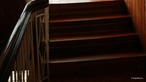 A wooden staircase leading to a window with a view of greenery. A potted plant with red flowers is placed on the landing. - Coral Dive Resort (Catarman)