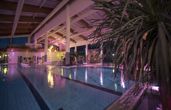 Indoor pool, outdoor pool, open 1:00 PM to 9:00 PM, lifeguards on site