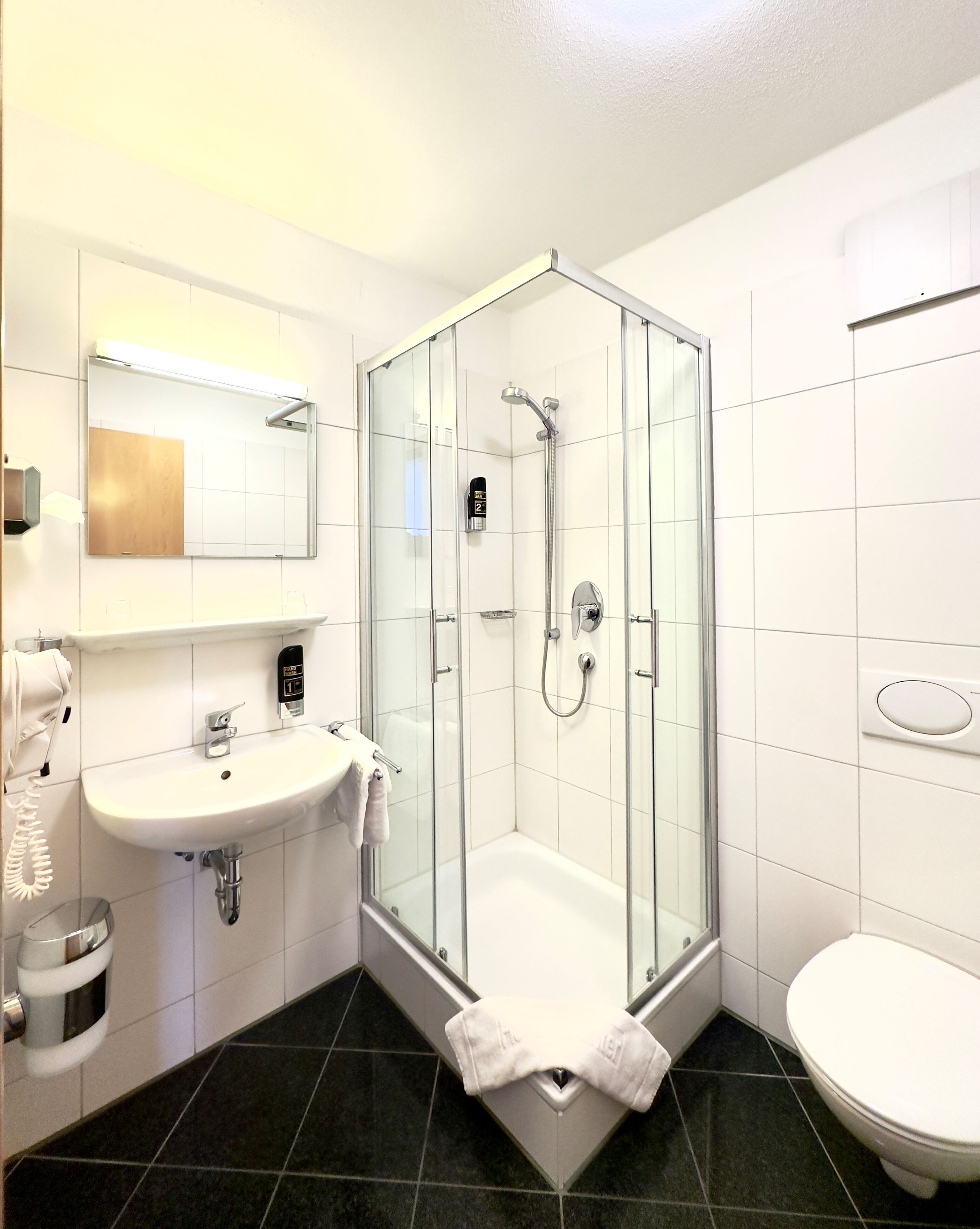 Un baño moderno con ducha de vidrio, lavamanos blanco y retrete.