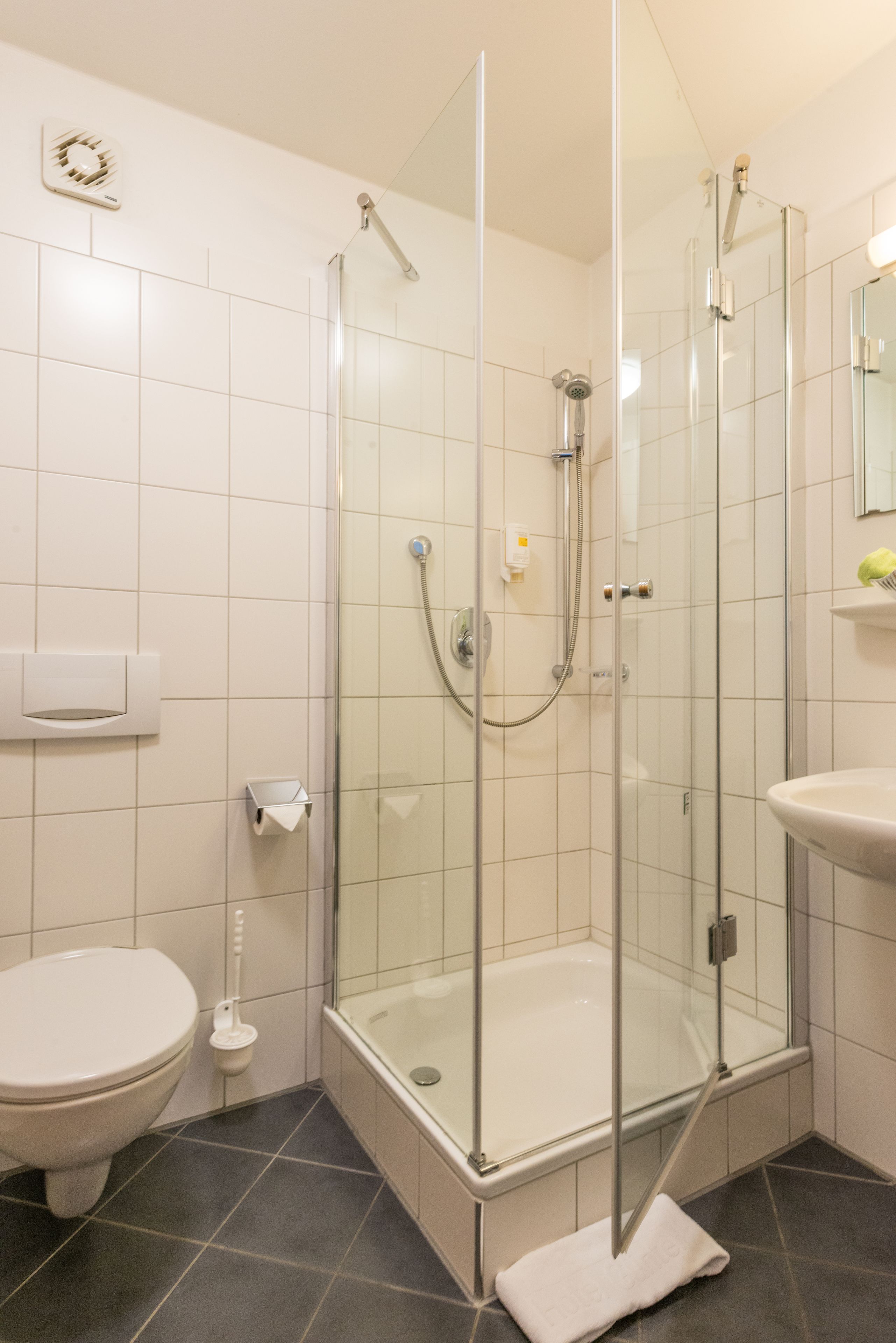 shower, free toiletries, hair dryer, towels