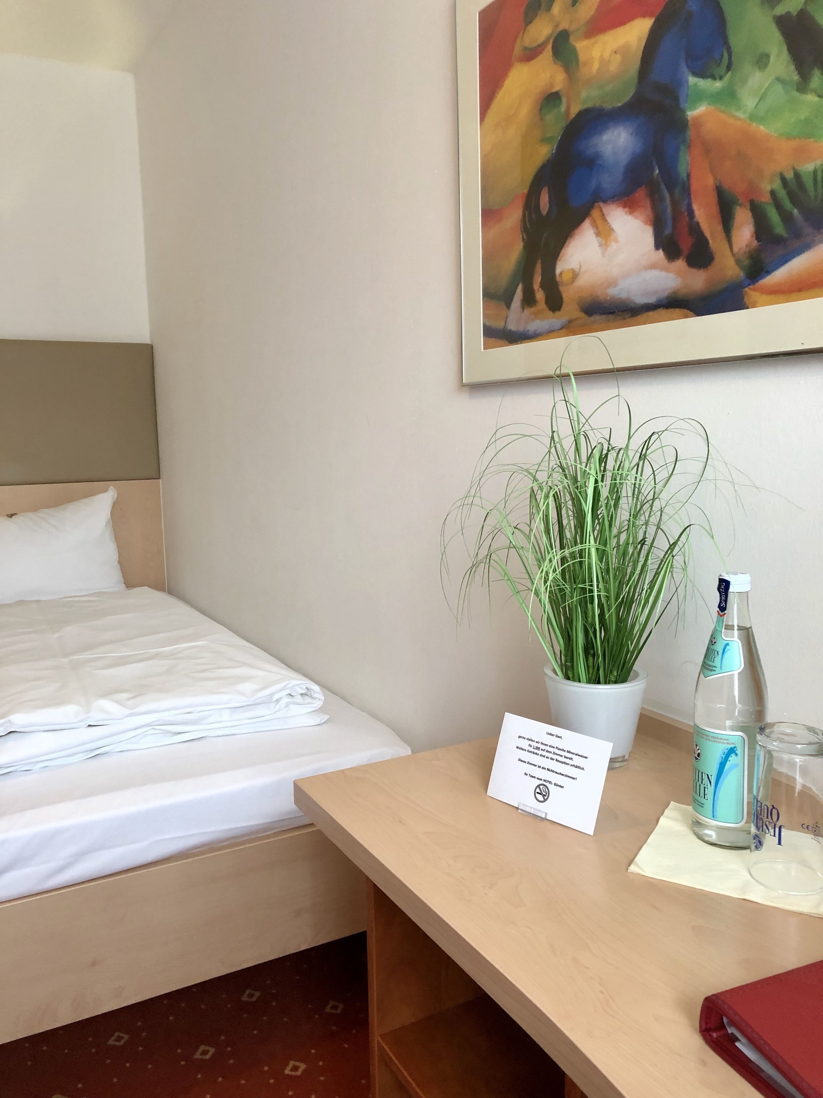 Una habitación de hotel con una cama, una planta en maceta, una botella de agua y un vaso sobre una mesa de madera.