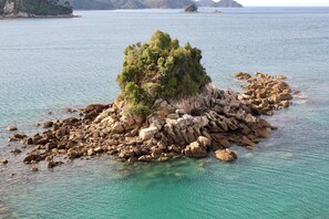 A rocky island with dense vegetation surrounded by clear turquoise water.