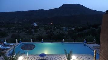 Outdoor pool, pool umbrellas, pool loungers