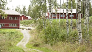 Punainen rakennus, jossa on metallikatto, ja sen ympärillä koivuja sekä sorapohjainen polku.