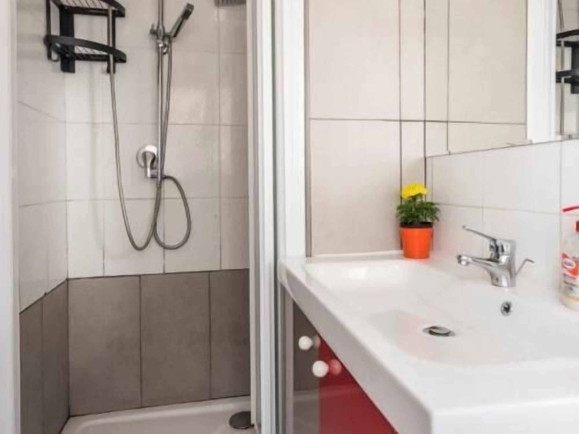 A bathroom with a shower, a sink, and a mirror.