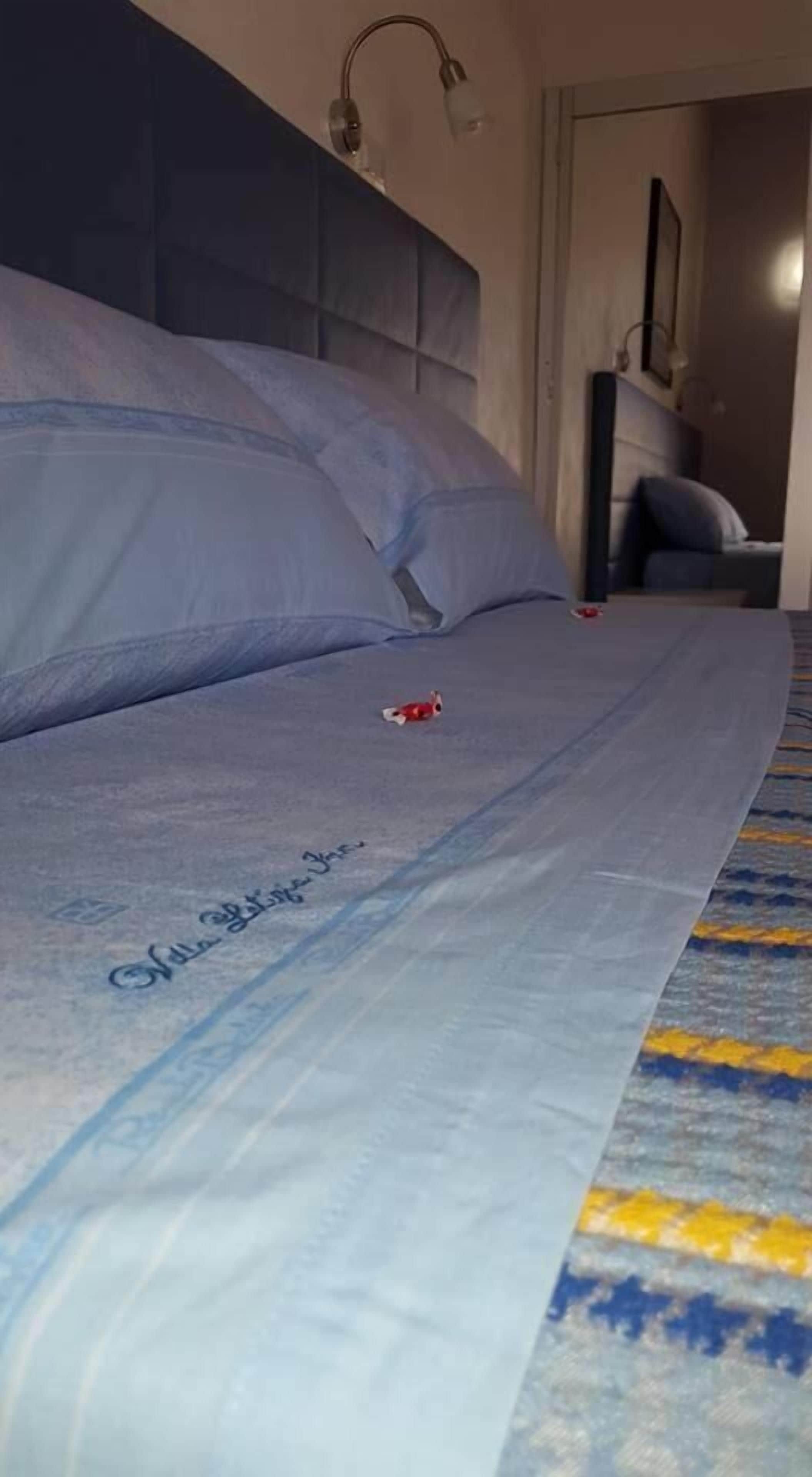 A bed with a blue bedspread and a small red object on it.