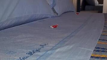 A bed with a blue bedspread and a small red object on it.