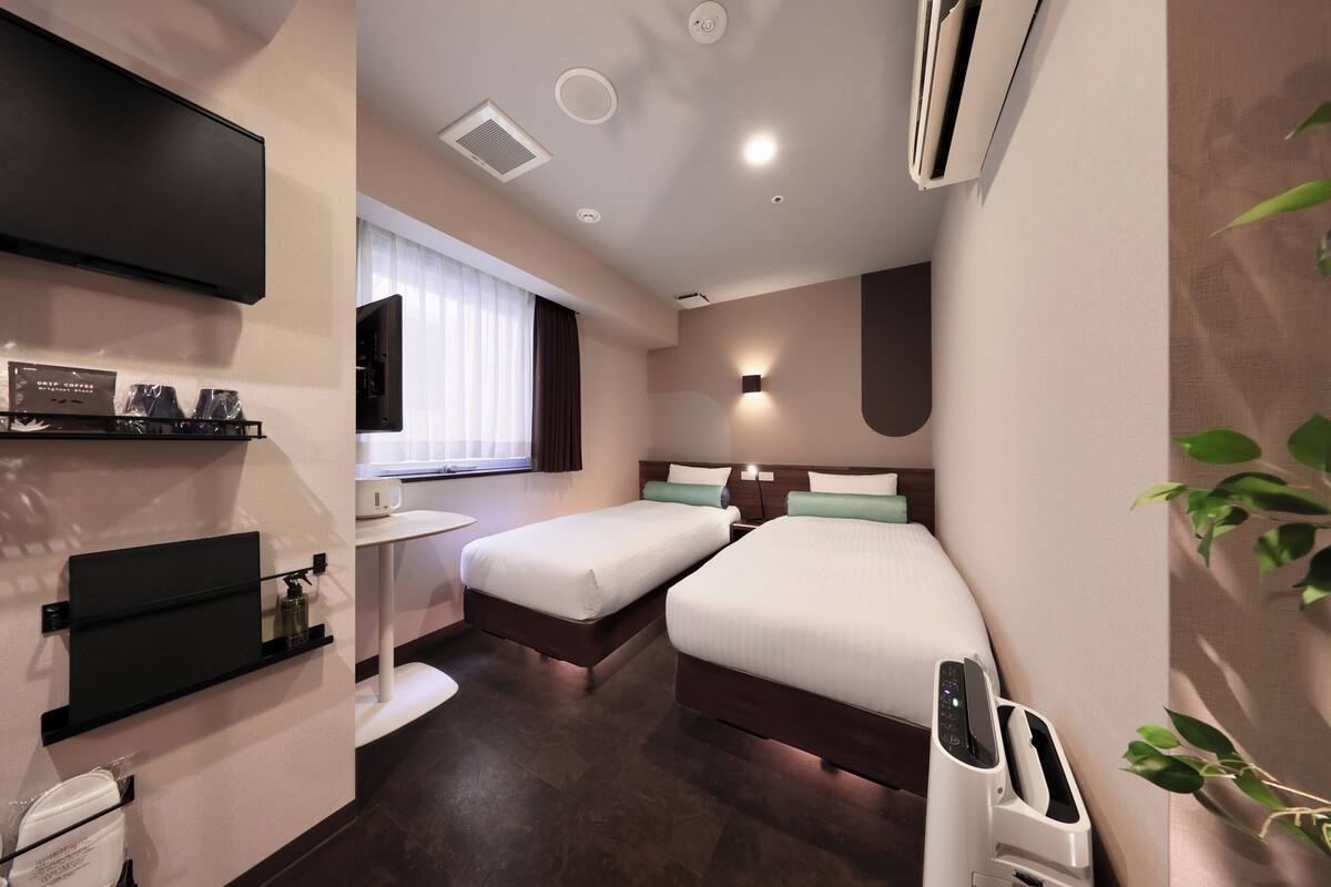 A hotel room with two beds, a TV, a sink, and a plant.