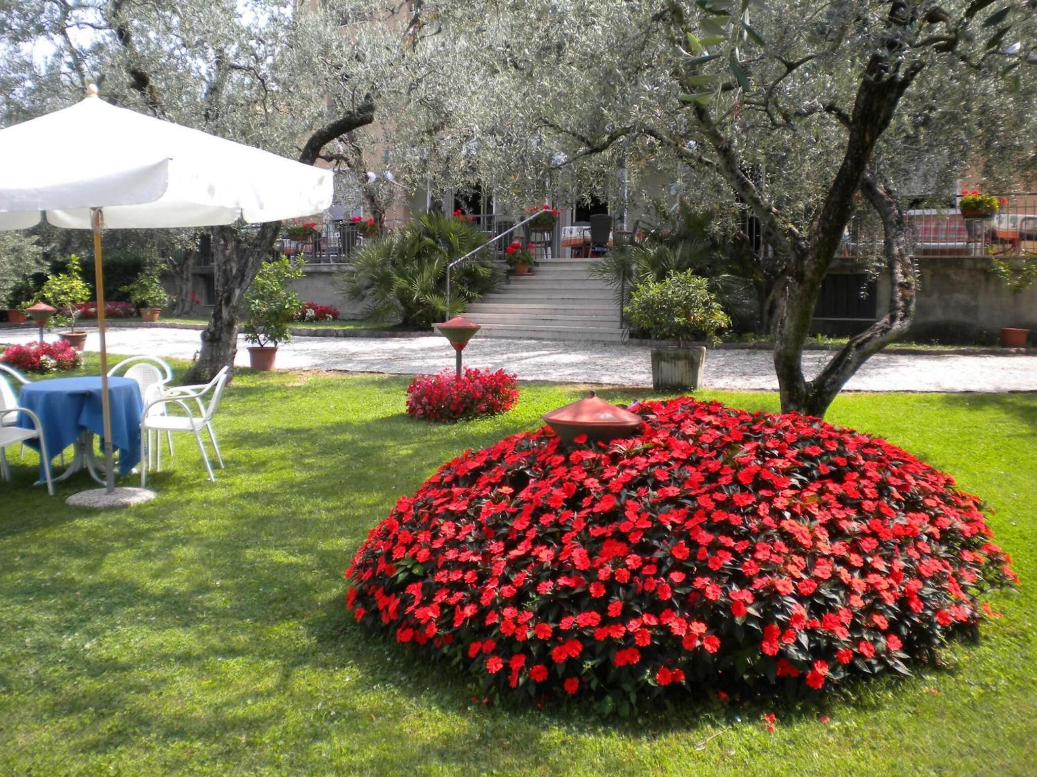 A garden with a white umbrella, a table with chairs, and a pathway leading to a building.