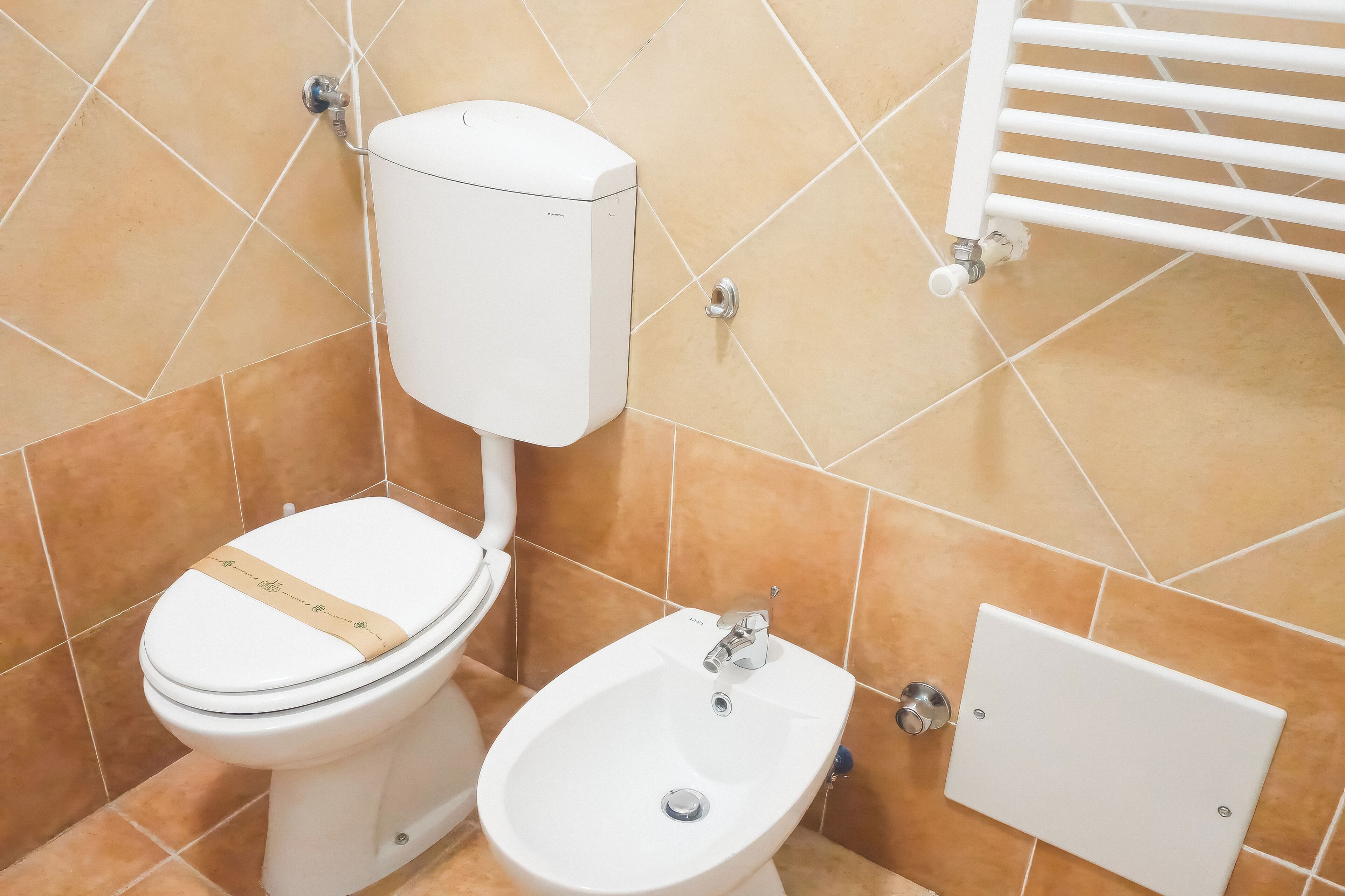 A bathroom with a toilet, bidet, and a towel rack.