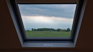 A skylight window with a view of a green field and trees under a cloudy sky. - Flanders Fields Cottage Leisele (Alveringem)