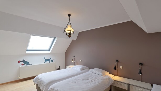 A bedroom with two beds, a skylight, a hanging light fixture, and a radiator. - Flanders Fields Cottage Leisele (Alveringem)