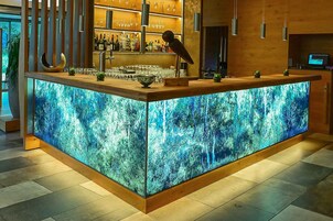Uma área de bar com uma grande tela iluminada exibindo uma cena de floresta, prateleiras com garrafas e copos.