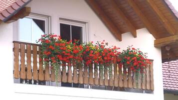 Apartamento conforto, 2 quartos, sacada, vista para o jardim | Sacada