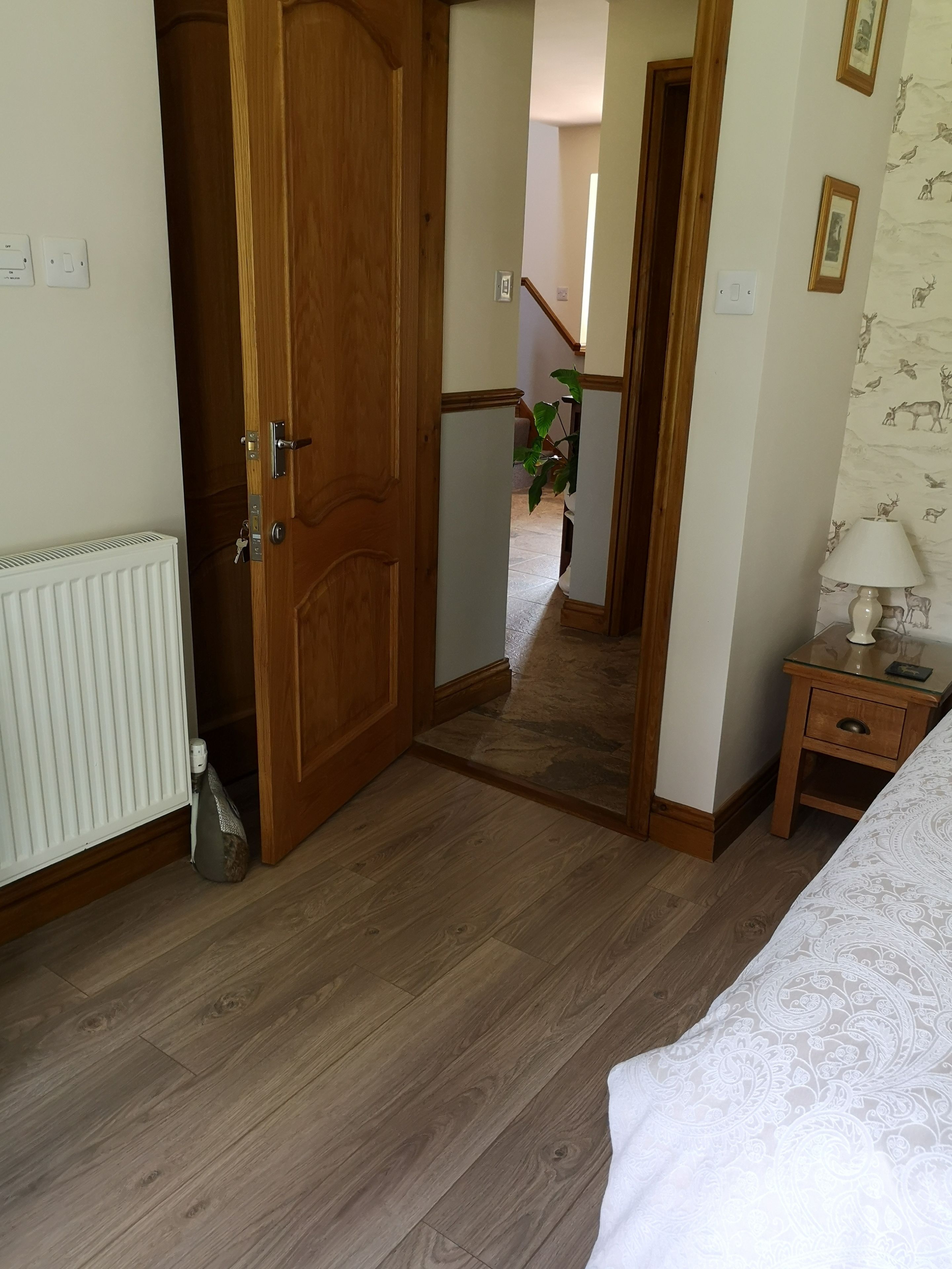 Un dormitorio con una puerta de madera, un radiador, una mesita de noche con una lámpara y un papel tapiz estampado.
