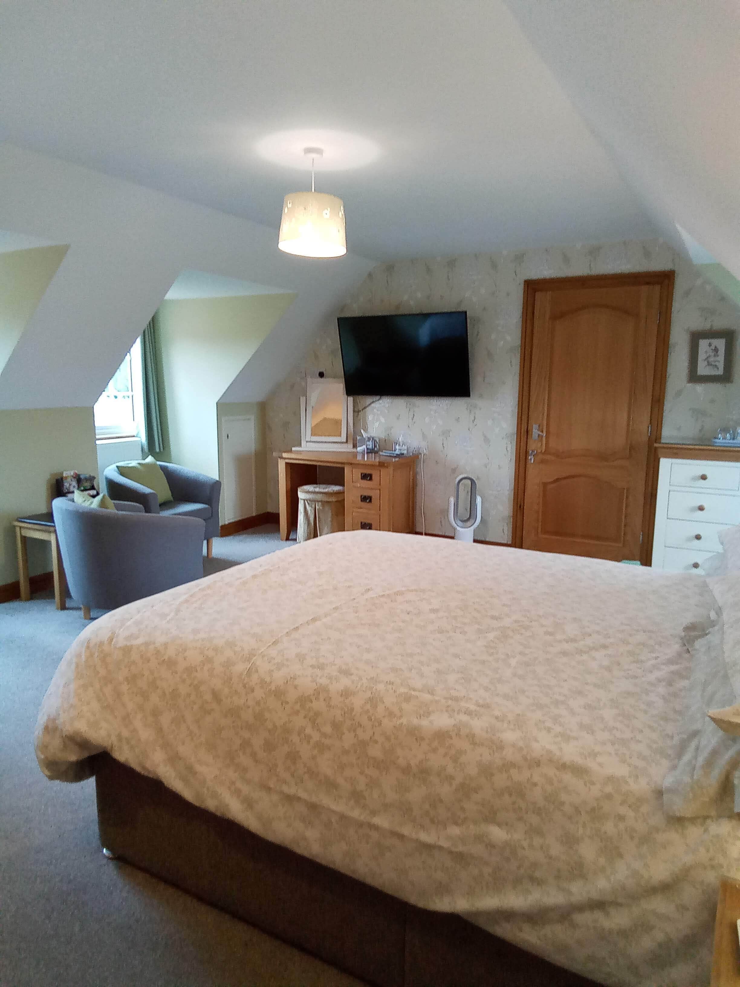 A bedroom with a large bed, a desk, a chair, a television, and a wardrobe.