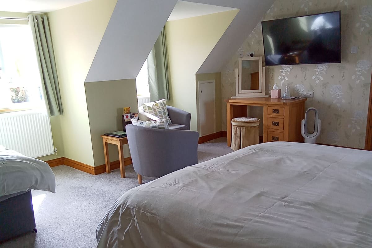 A bedroom with a large bed, a desk, a chair, a TV, and a window with curtains.