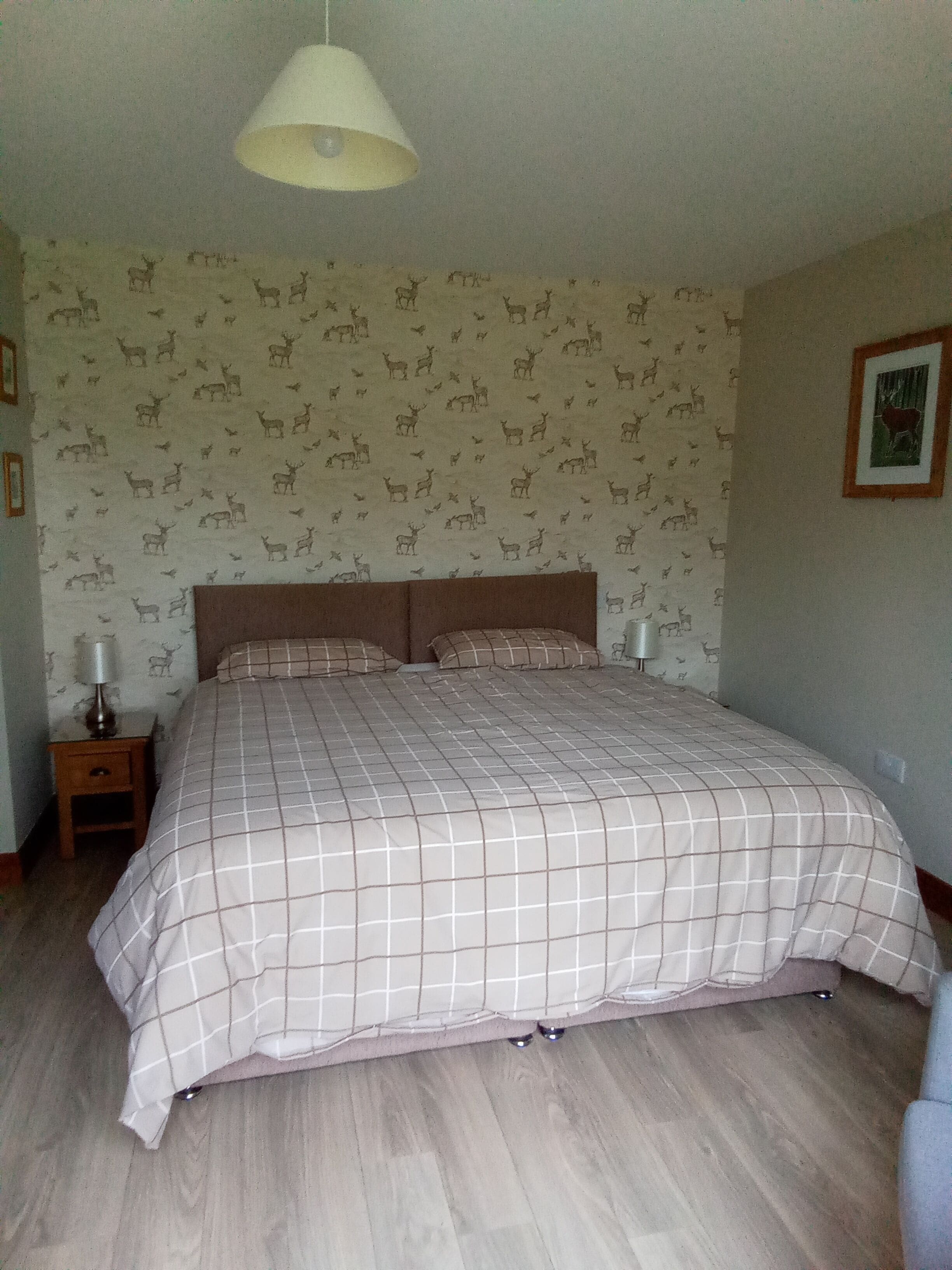 Une chambre à coucher avec un lit, une table de chevet, une lampe et un mur recouvert d’un papier peint à motifs animaliers.