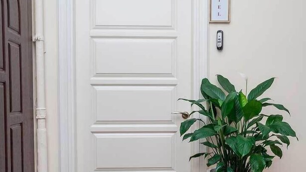 Una puerta blanca de diseño moderno, una planta en maceta a su lado y un cartel enmarcado que indica un hotel.