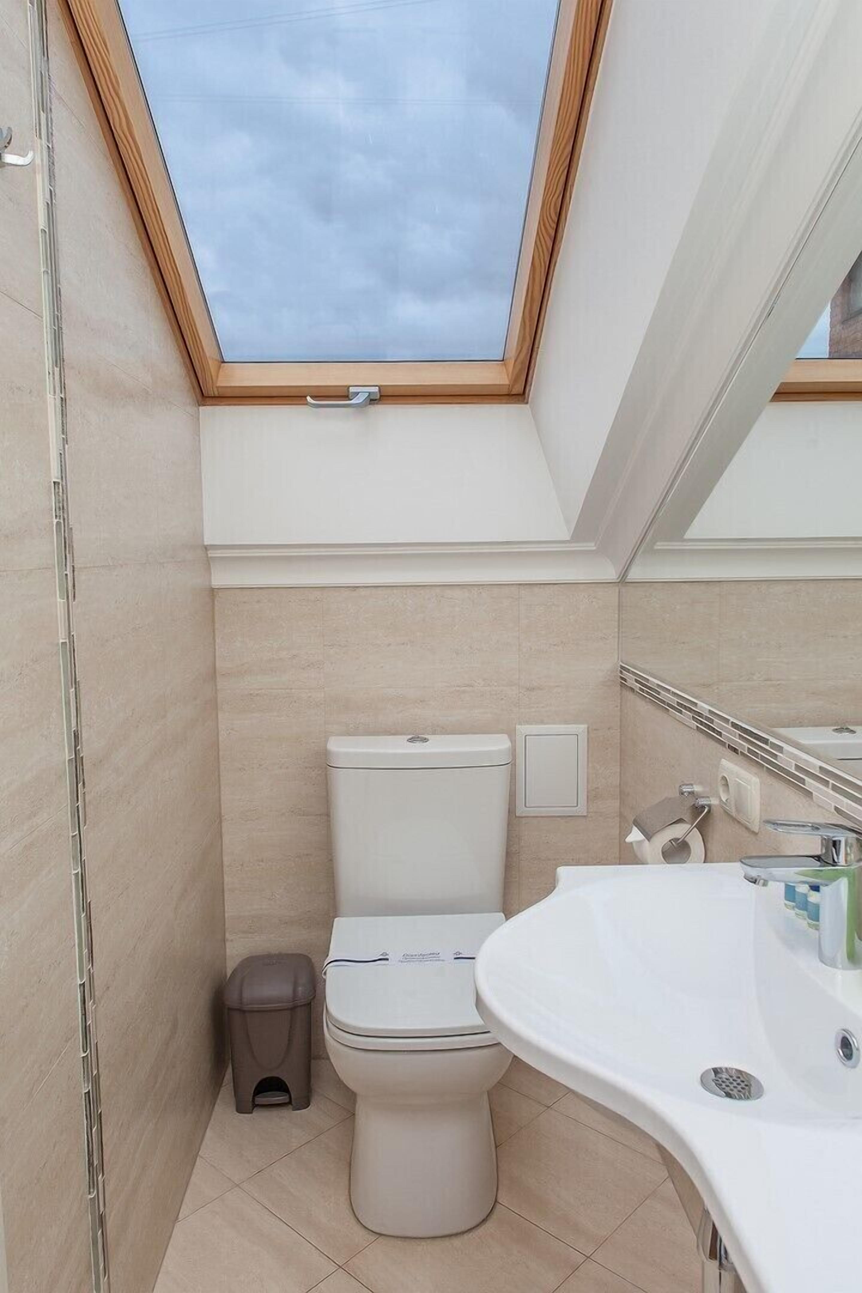A compact bathroom with a skylight, a toilet, a sink, and a small trash bin.
