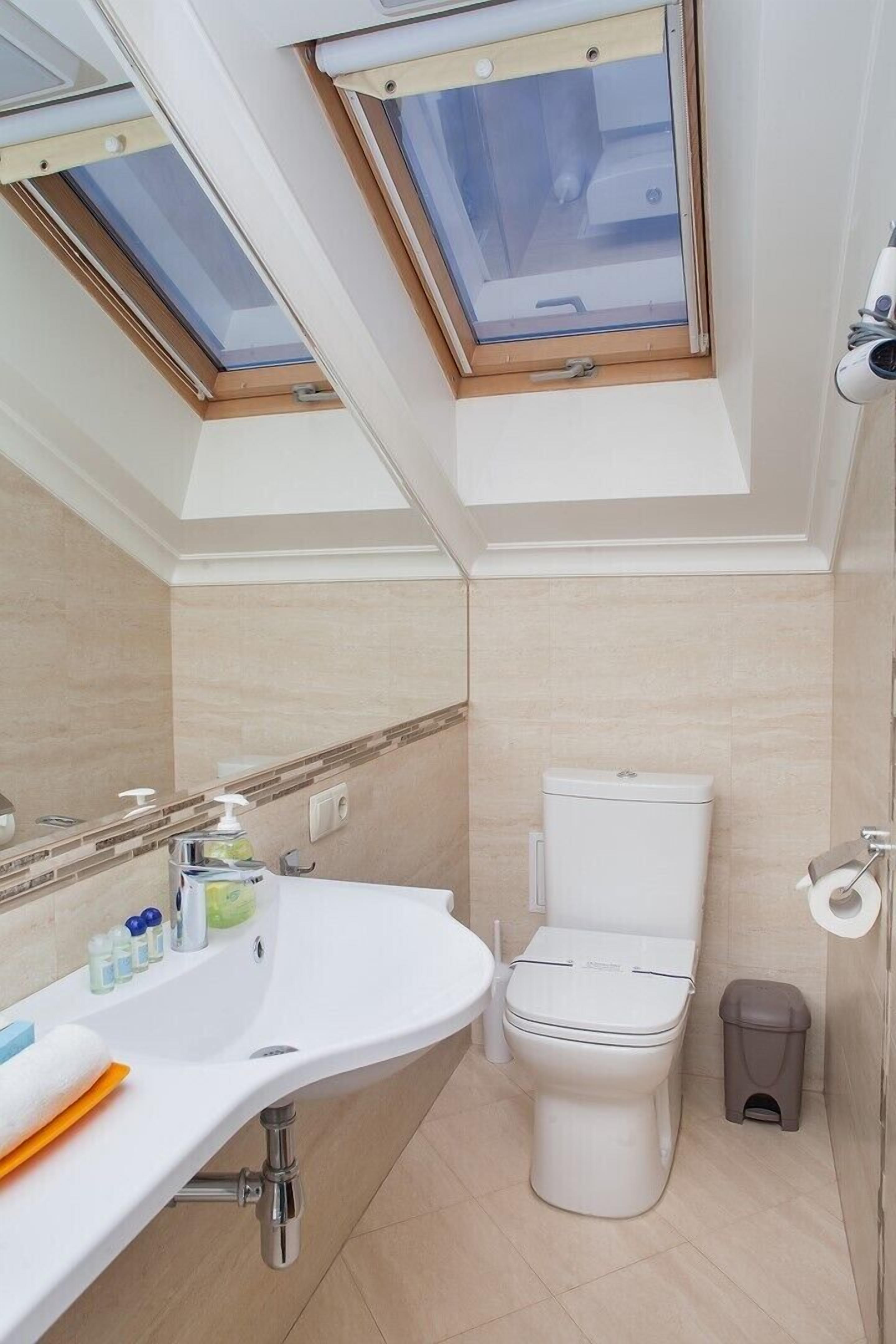 A bathroom with a skylight, a toilet, a sink, and a trash bin.