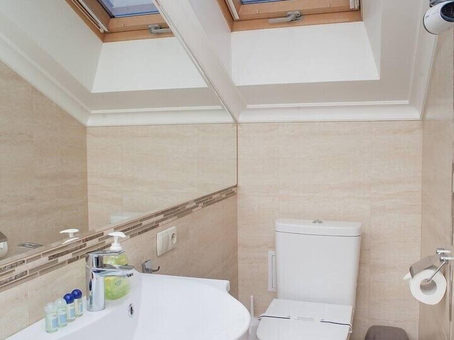 A bathroom with a skylight, a toilet, a sink, and a trash bin.