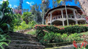 A stone building with a balcony, surrounded by lush greenery and palm trees. - The Palm Beach Resort (Nyayumba)