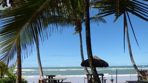 A beachside setting with palm trees, a thatched umbrella, and picnic tables.