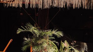 A pool area with a thatched roof, wooden deck, and tropical plants.