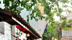 A narrow cobblestone street with a white building on the left, adorned with red flowers and potted plants. - Sirincem Pension (Selçuk)