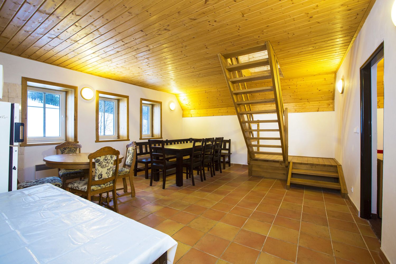 A cozy room with a wooden ceiling, a dining table with chairs, a ladder, and a window with a view.