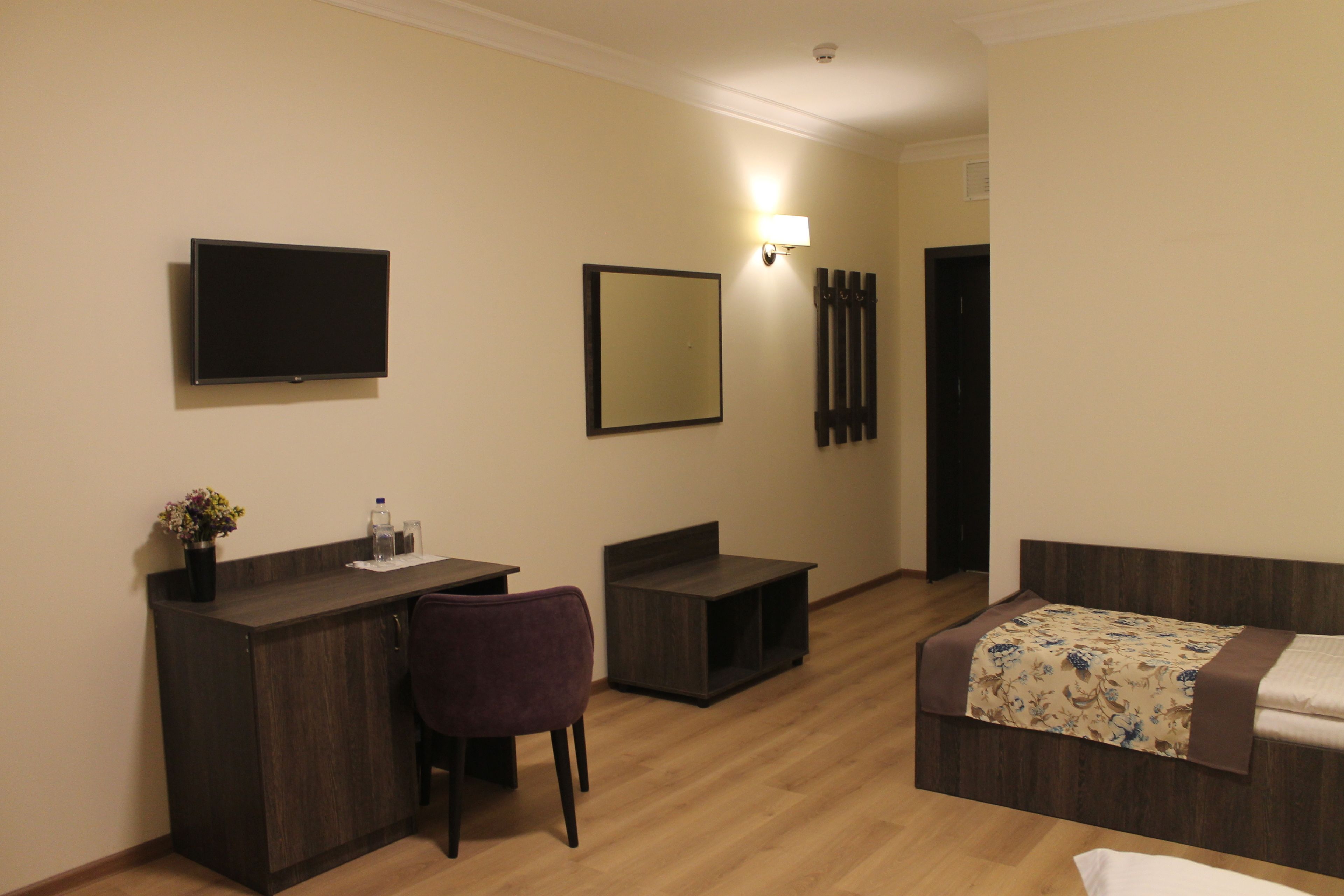 Una habitación de hotel con cama, escritorio, silla, televisor y espejo.
