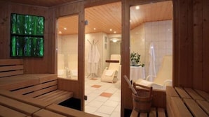 Una sauna de madera con bancos, una silla de masaje y una mesita.
