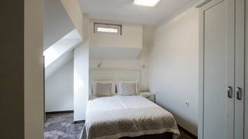 Un dormitorio con cama, mesita de noche, armario, tragaluz y suelo alfombrado.