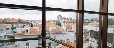 Uitzicht vanuit een raam met metalen tralies, op een stadsbeeld met rode dakpannen en verschillende gebouwen.