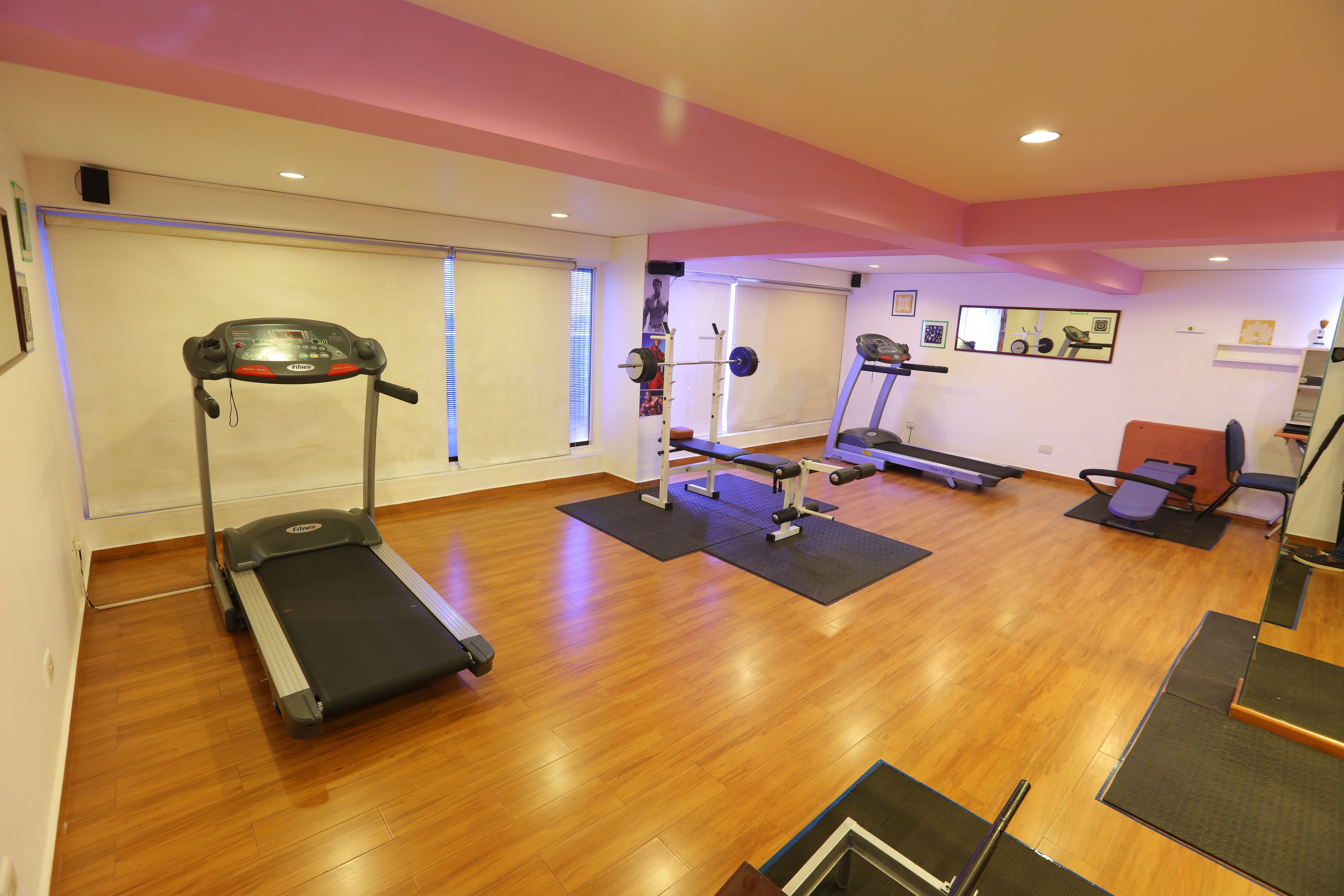 A gym with treadmills, a weight bench, and exercise mats.