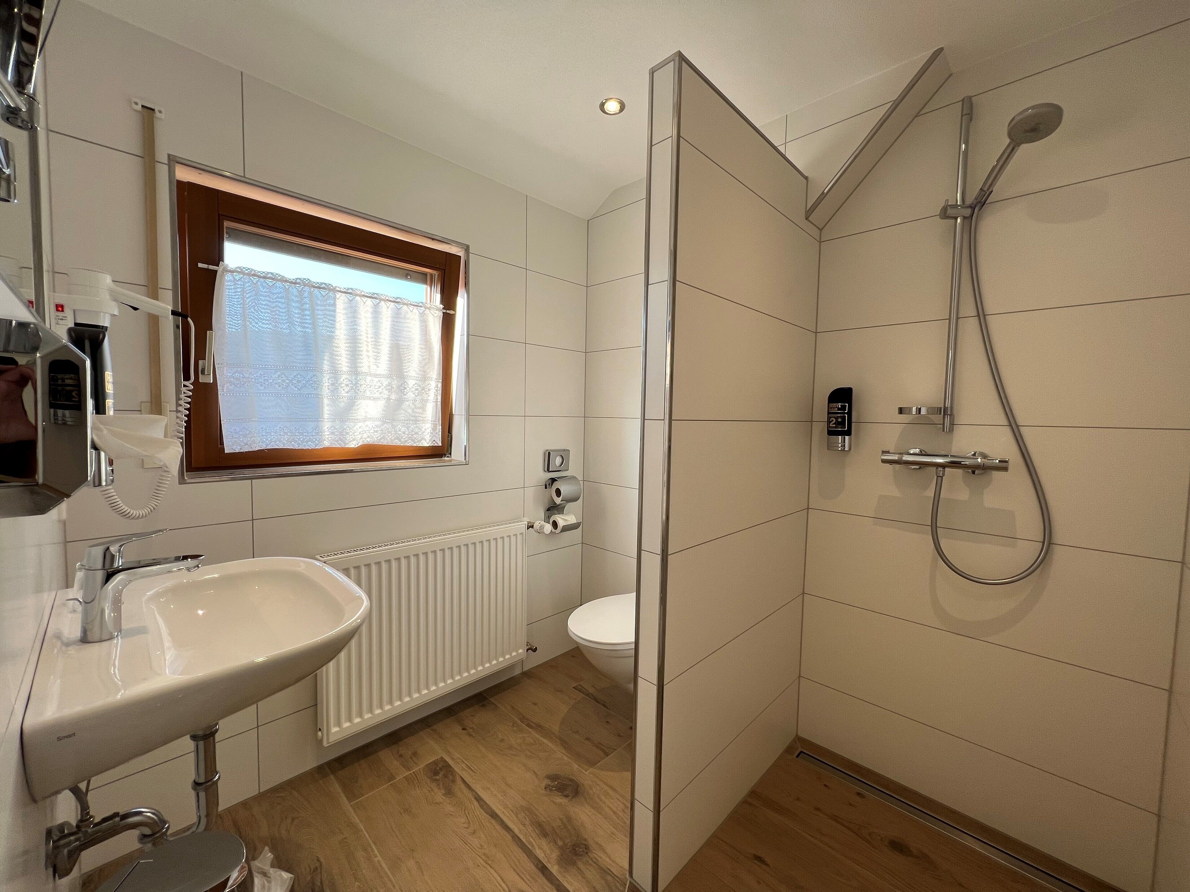 single room | bathroom | shower, hair dryer, towels