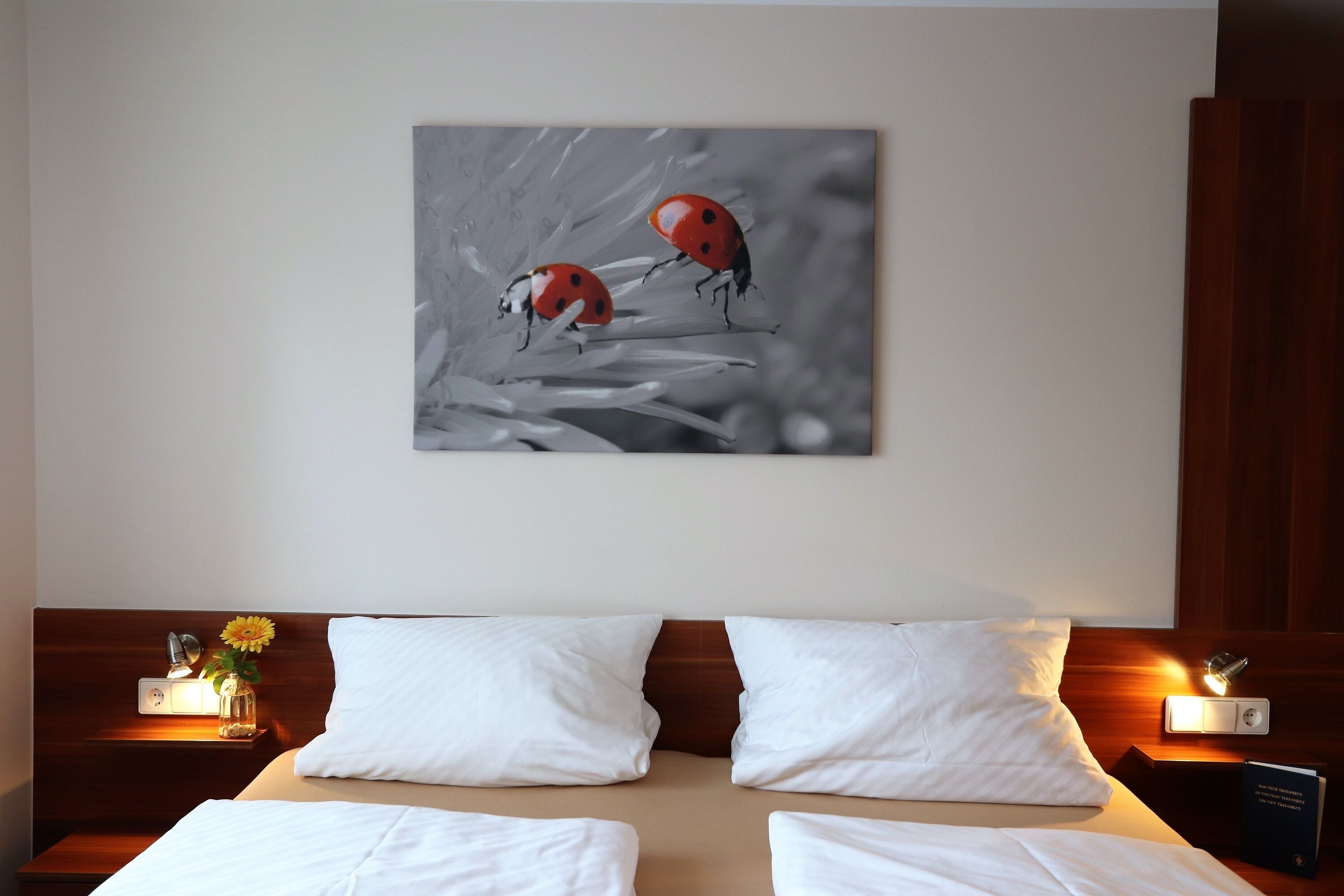 A hotel room with a bed, two pillows, a nightstand with a lamp, a book, and a wall-mounted painting of ladybugs.