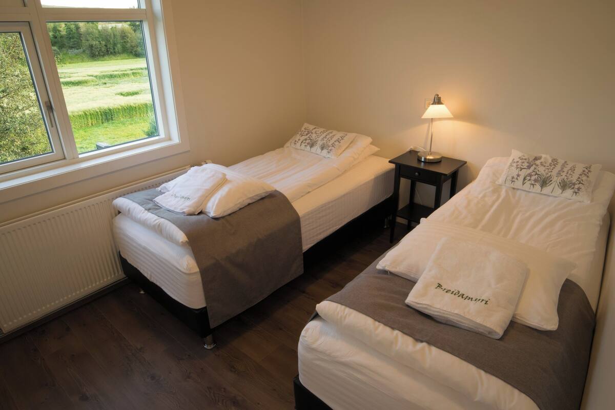Een kamer met twee eenpersoonsbedden, een nachtkastje met een lamp en een raam met uitzicht op groen.