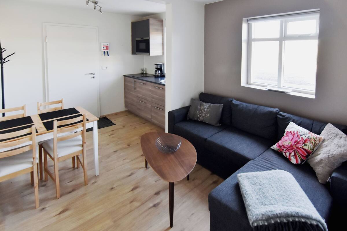 Un salon moderne comprenant un canapé, une table basse et un coin repas avec des chaises et une table.