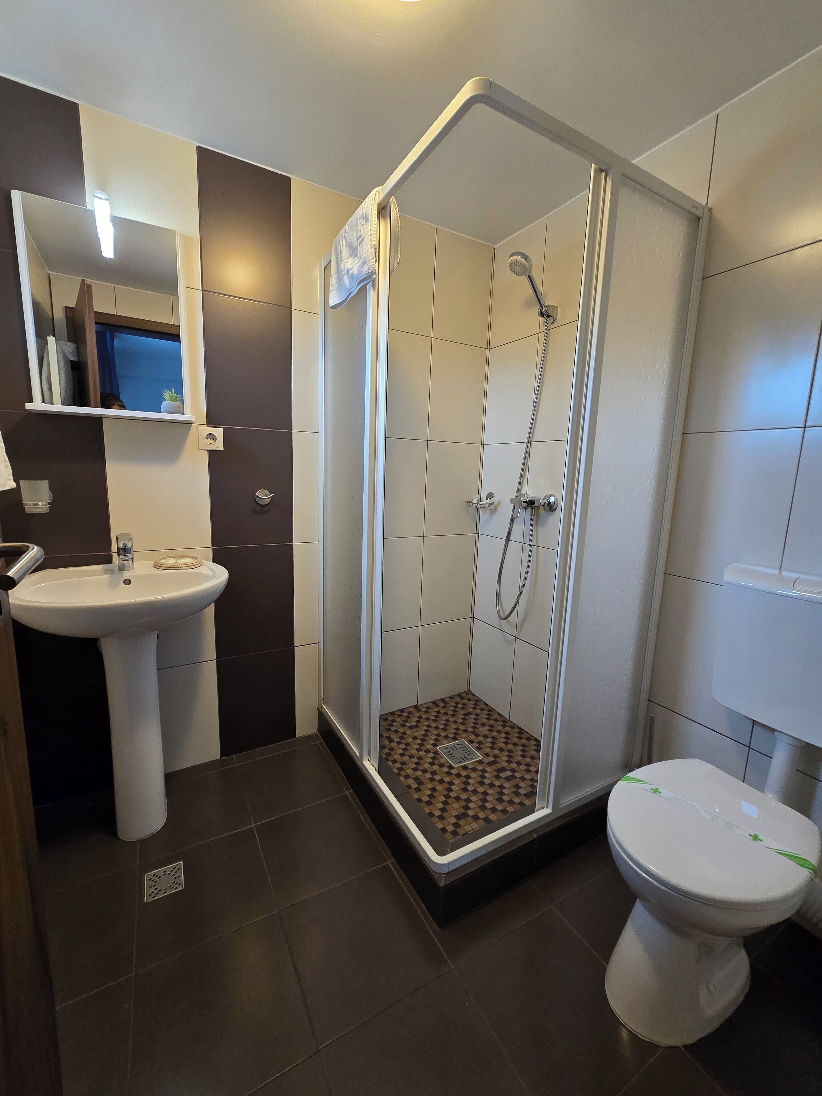 Shower, free toiletries, hair dryer, towels