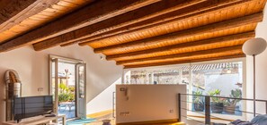 Une pièce avec un plafond en bois, une télévision, une porte donnant sur l’extérieur et un balcon agrémenté de plantes en pot.
