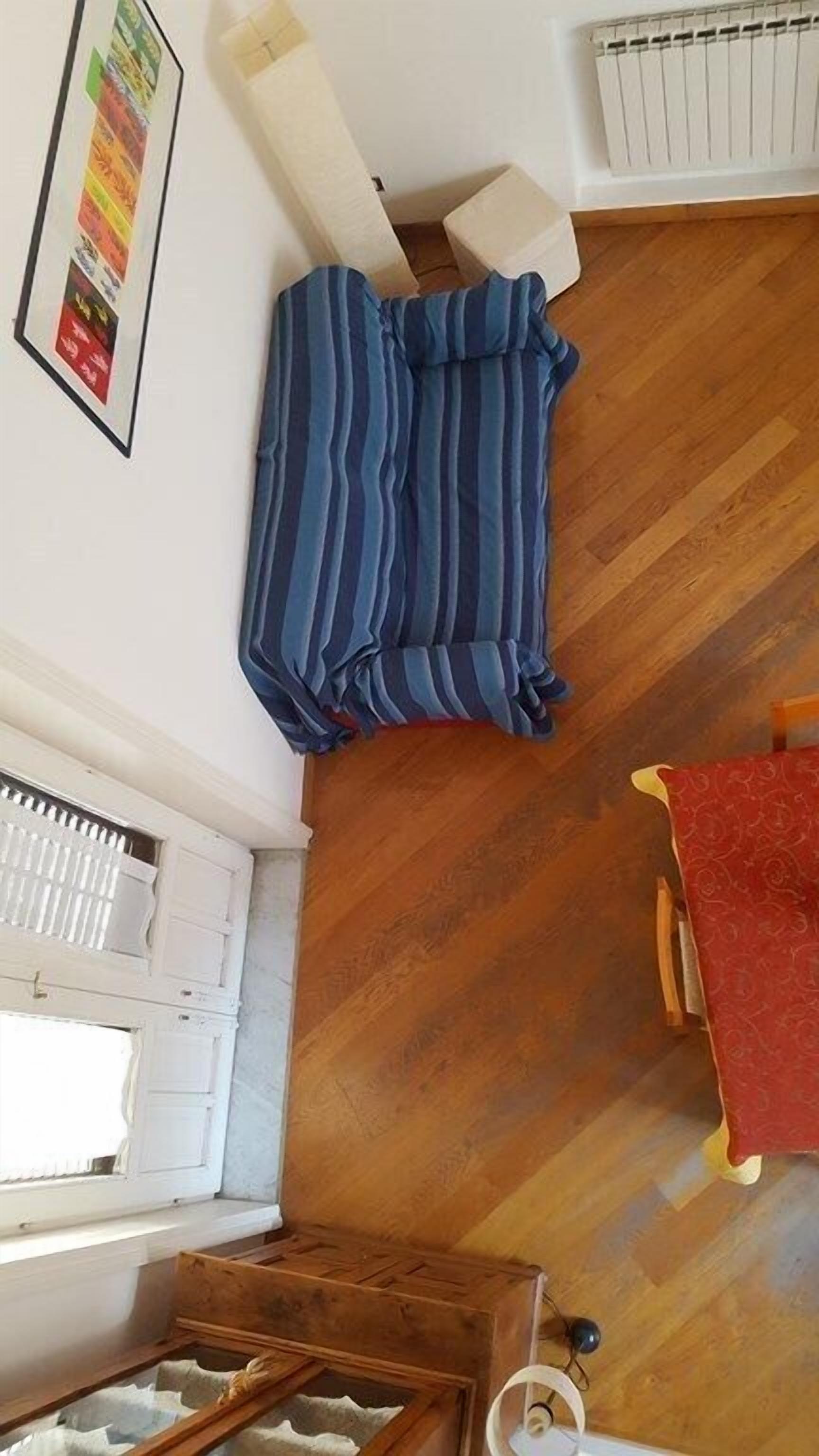 A room with a wooden floor, a blue striped blanket, a red patterned rug, and a white radiator.