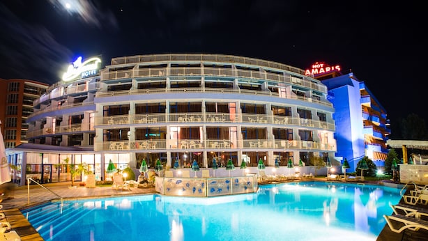 A hotel with a pool area, multiple balconies, and a sign reading "HOT AMARIS." - Hotel Bohemi (Sunny Beach)
