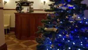 A lobby with a Christmas tree, clocks indicating different time zones, and a reception desk. - Keswick Park Hotel (Keswick)