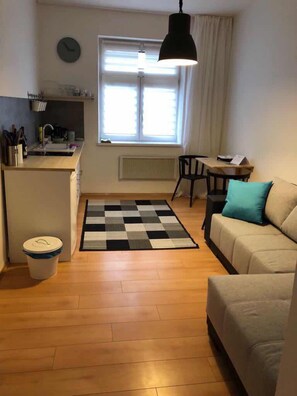 Deluxe Apartment, 1 Bedroom, Kitchen, Garden View | Minibar, laptop workspace, blackout curtains, soundproofing - Pension Skylark (Pardubice)